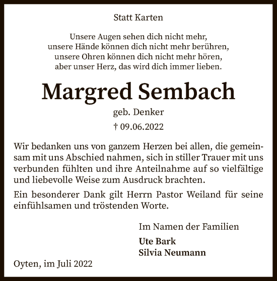 Traueranzeige von Margred Sembach von SYK