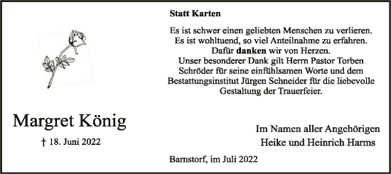 Traueranzeige von Margret König von SYK