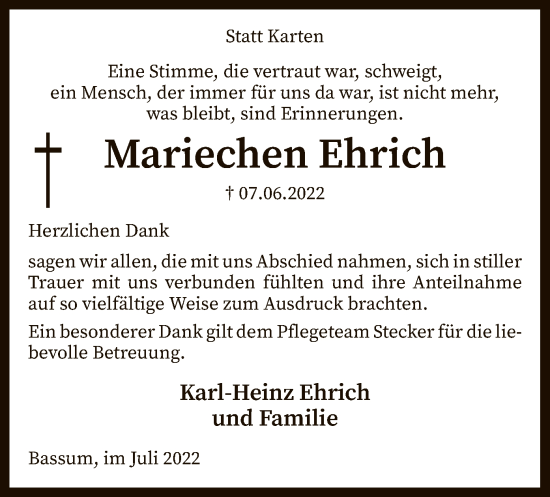 Traueranzeige von Mariechen Ehrich von SYK