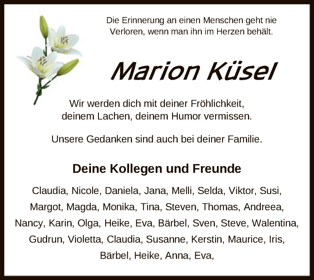  Traueranzeige für Marion Küsel vom 16.07.2022 aus SYK