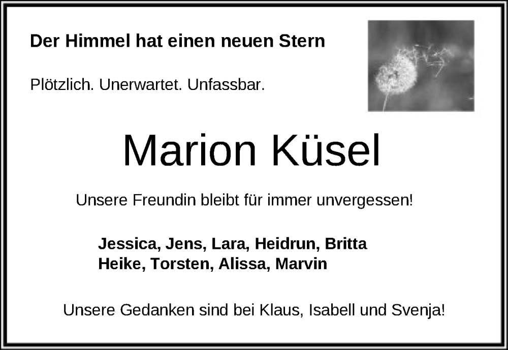  Traueranzeige für Marion Küsel vom 23.07.2022 aus SYK