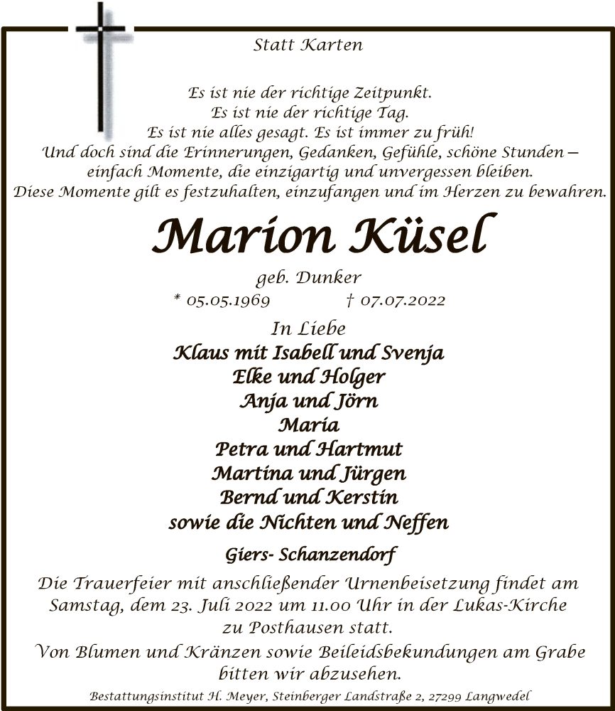  Traueranzeige für Marion Küsel vom 16.07.2022 aus SYK