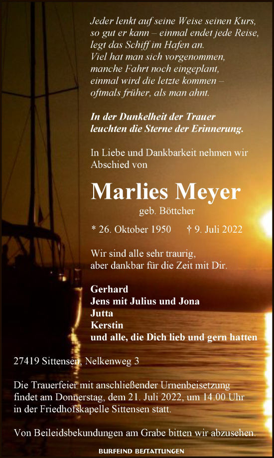 Traueranzeige von Marlies Meyer von SYK