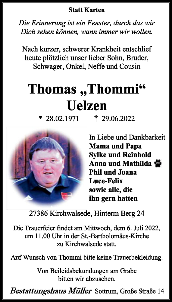  Traueranzeige für Thomas Uelzen vom 02.07.2022 aus SYK