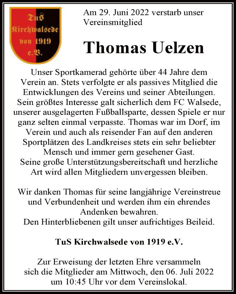  Traueranzeige für Thomas Uelzen vom 05.07.2022 aus SYK