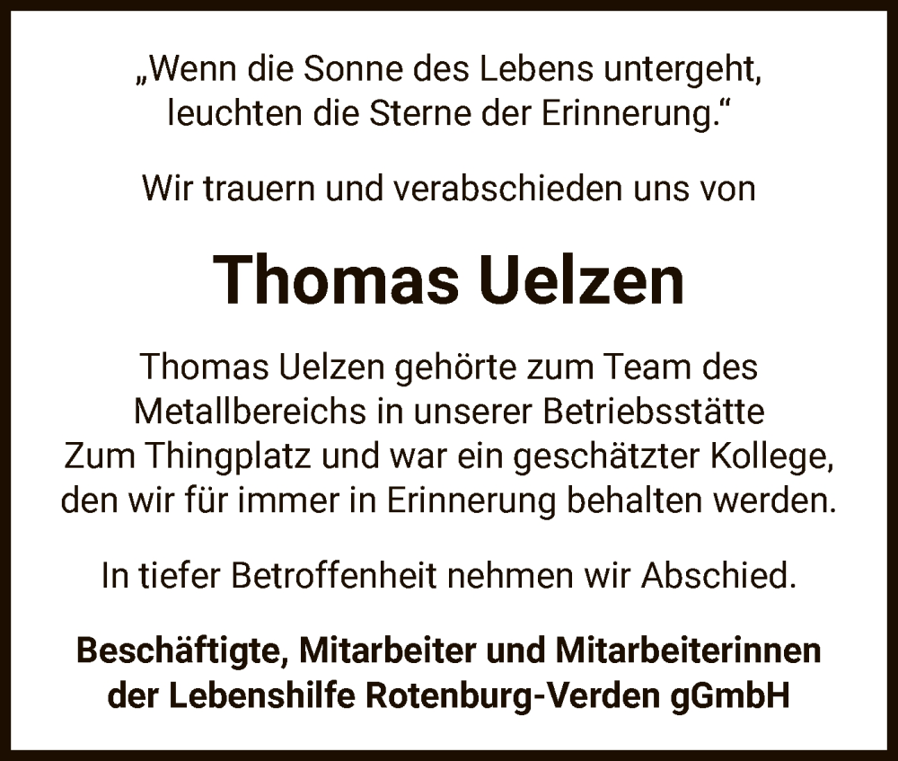  Traueranzeige für Thomas Uelzen vom 16.07.2022 aus SYK
