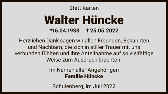 Traueranzeige von Walter Hüncke von SYK