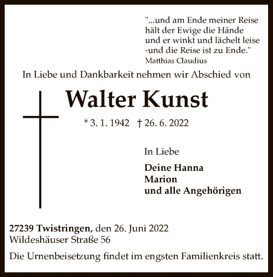 Traueranzeige von Walter Kunst von SYK