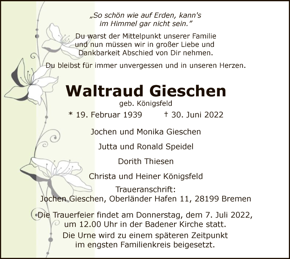  Traueranzeige für Waltraud Gieschen vom 02.07.2022 aus SYK