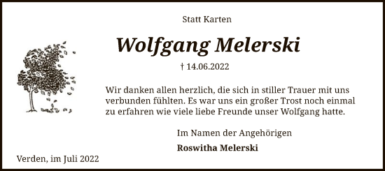 Traueranzeige von Wolfgang Melerski von SYK