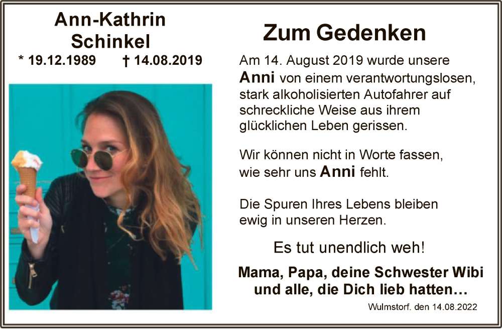  Traueranzeige für Ann-Kathrin Schinkel vom 13.08.2022 aus SYK