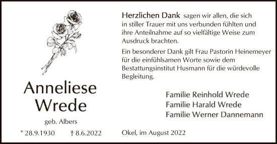 Traueranzeige von Anneliese Wrede von SYK