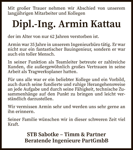 Traueranzeige von Armin Kattau von SYK