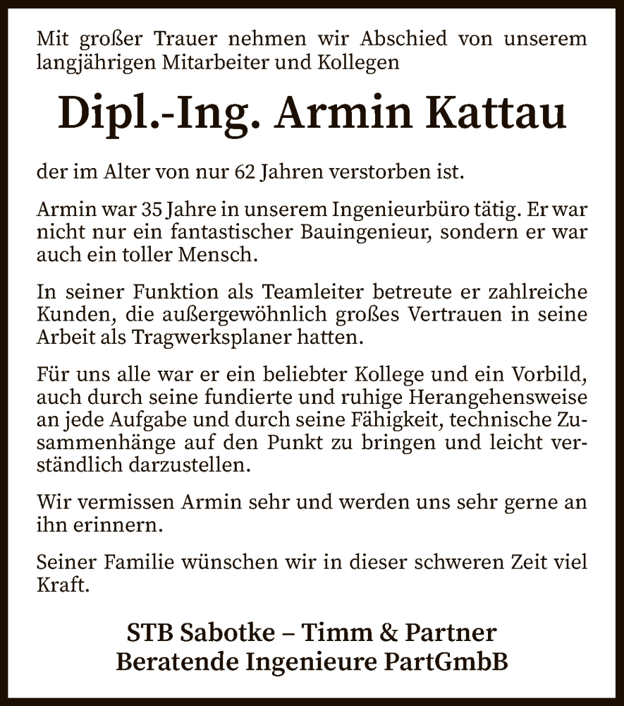  Traueranzeige für Armin Kattau vom 17.08.2022 aus SYK