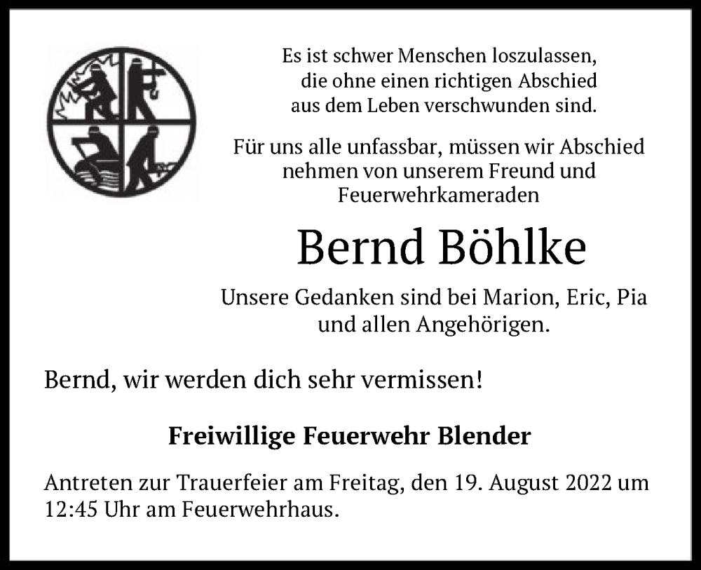  Traueranzeige für Bernd Böhlke vom 18.08.2022 aus SYK