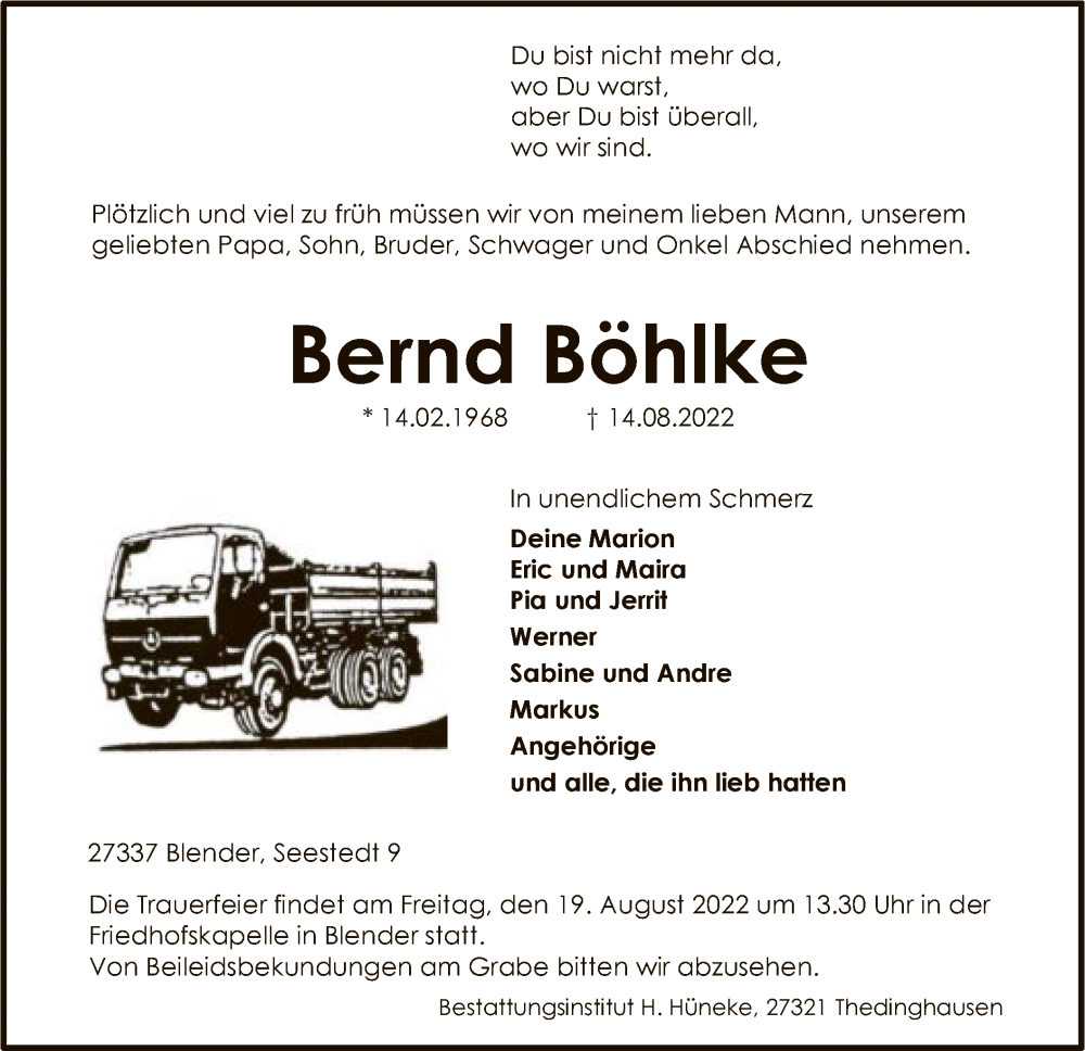 Traueranzeige für Bernd Böhlke vom 17.08.2022 aus SYK