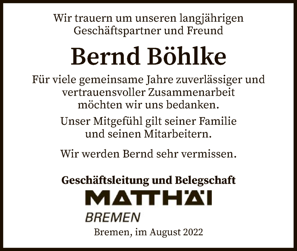  Traueranzeige für Bernd Böhlke vom 19.08.2022 aus SYK
