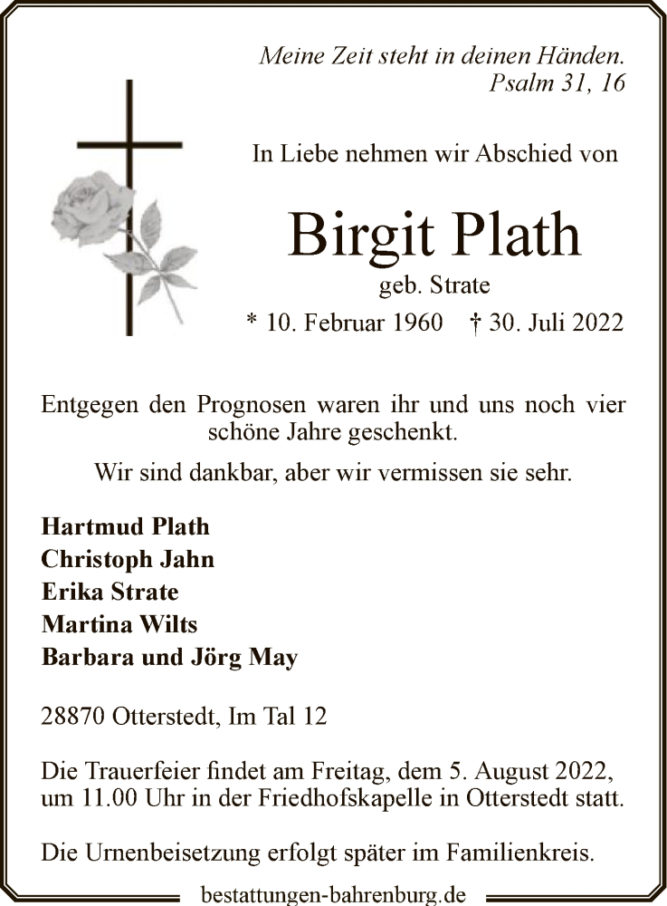  Traueranzeige für Birgit Plath vom 03.08.2022 aus SYK