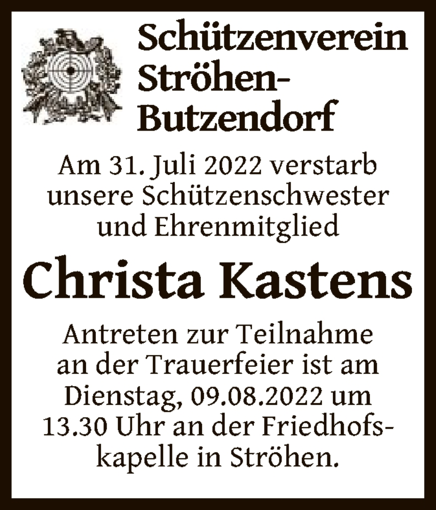 Traueranzeige für Christa Kastens vom 04.08.2022 aus SYK
