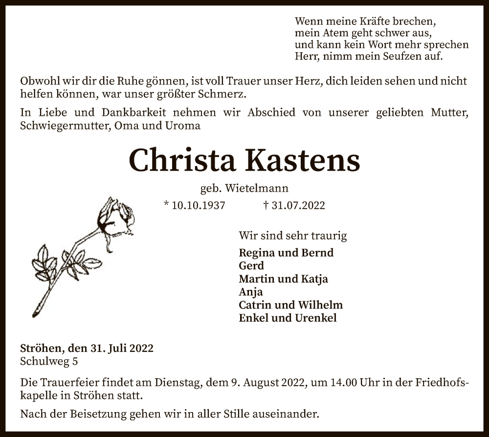  Traueranzeige für Christa Kastens vom 03.08.2022 aus SYK