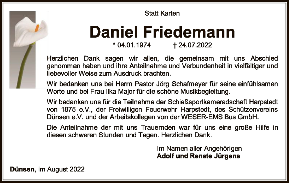  Traueranzeige für Daniel Friedemann vom 27.08.2022 aus SYK