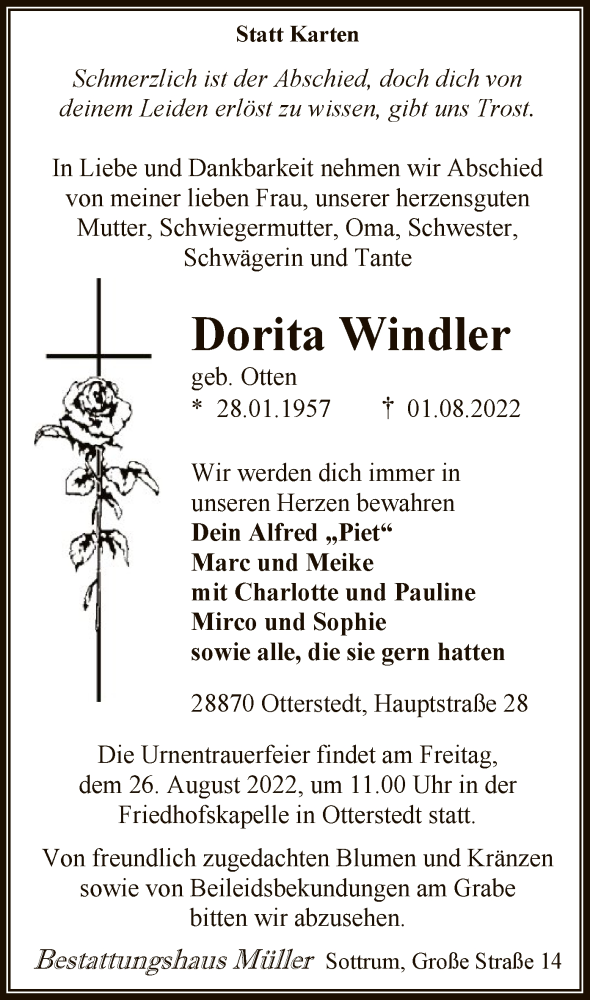  Traueranzeige für Dorita Windler vom 13.08.2022 aus SYK
