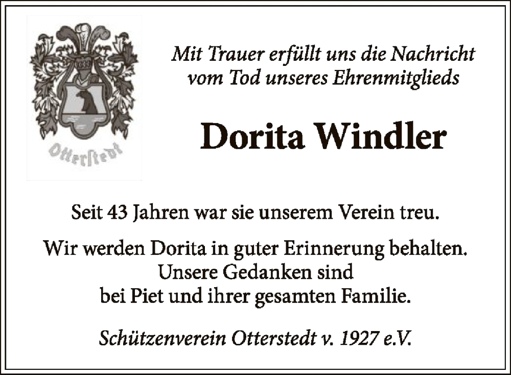  Traueranzeige für Dorita Windler vom 13.08.2022 aus SYK