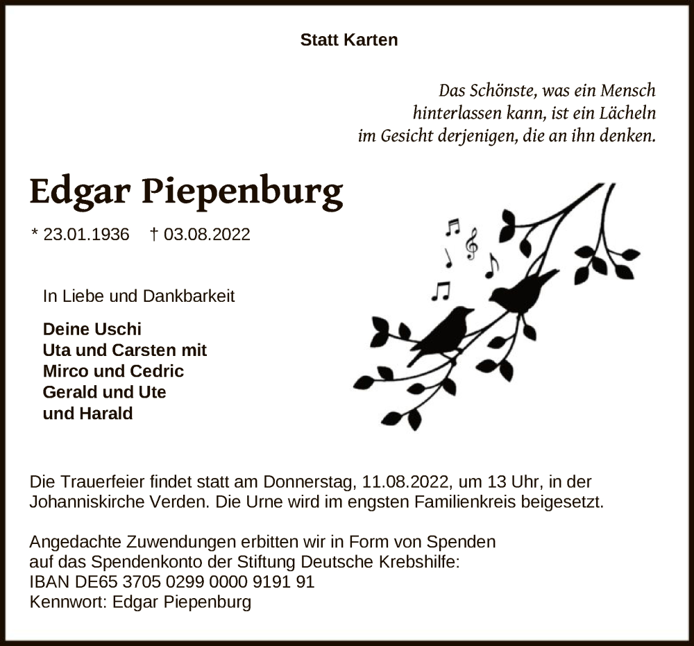  Traueranzeige für Edgar Piepenburg vom 06.08.2022 aus SYK