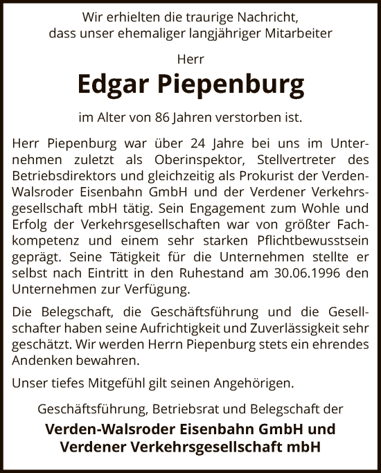 Traueranzeige von Edgar Piepenburg von SYK