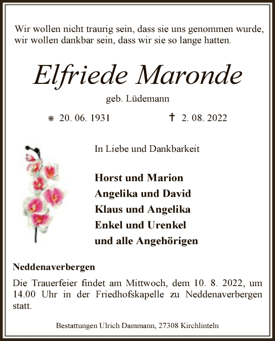 Traueranzeige von Elfriede Maronde von SYK