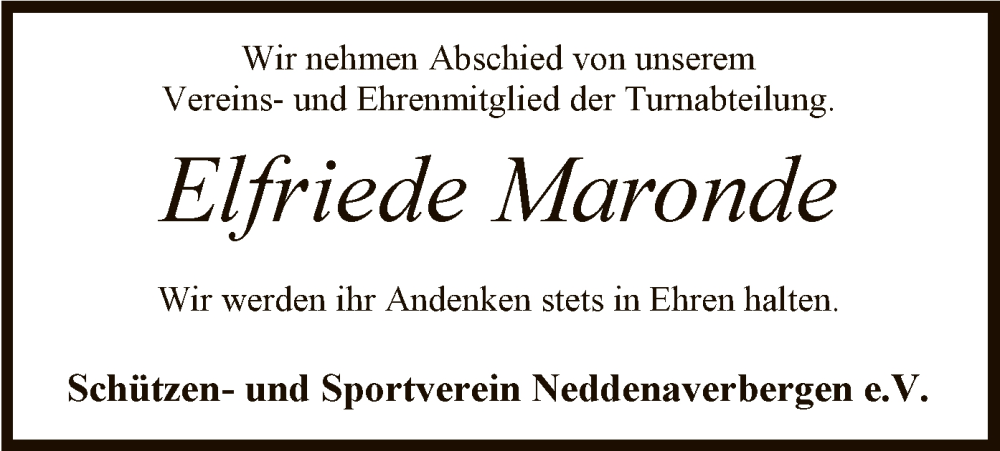  Traueranzeige für Elfriede Maronde vom 06.08.2022 aus SYK