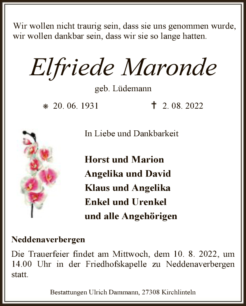  Traueranzeige für Elfriede Maronde vom 05.08.2022 aus SYK