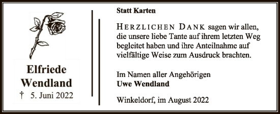 Traueranzeige von Elfriede Wendland von SYK