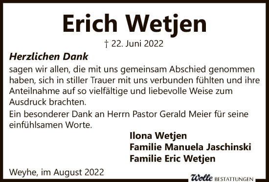 Traueranzeige von Erich Wetjen von SYK