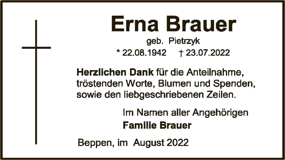  Traueranzeige für Erna Brauer vom 19.08.2022 aus SYK