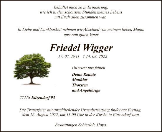 Traueranzeige von Friedel Wigger von SYK