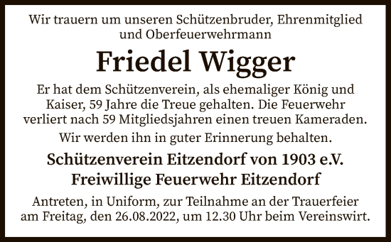 Traueranzeige von Friedel Wigger von SYK