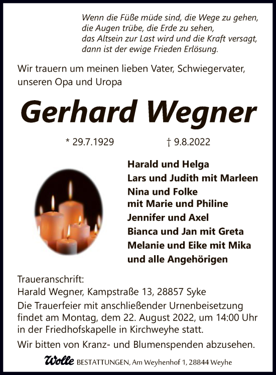 Traueranzeige von Gerhard Wegner von SYK
