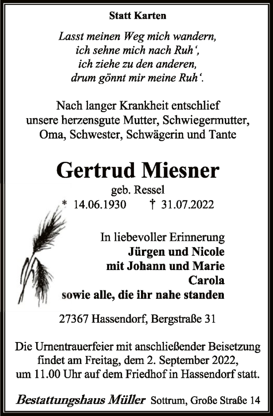 Traueranzeige von Gertrud Miesner von SYK