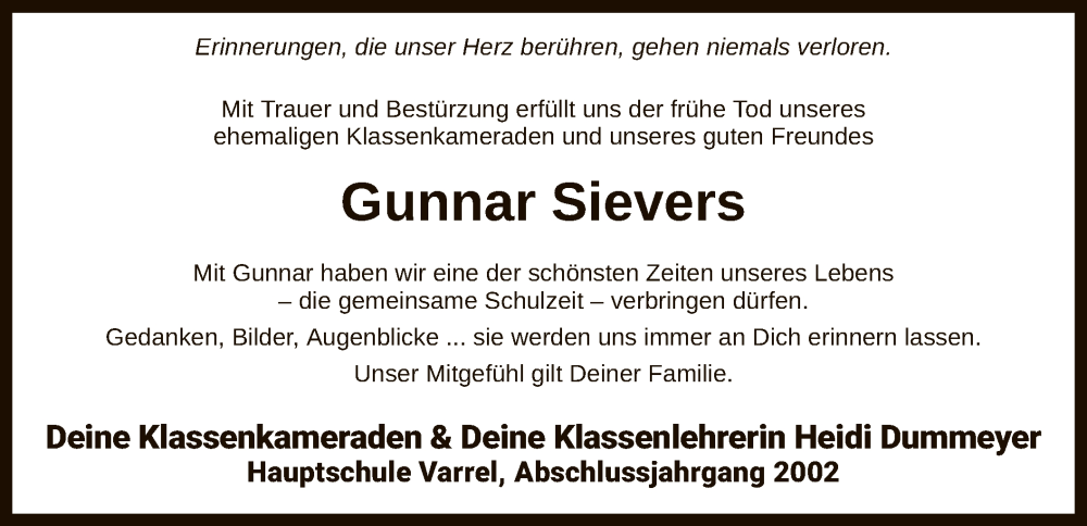  Traueranzeige für Gunnar Sievers vom 04.08.2022 aus SYK