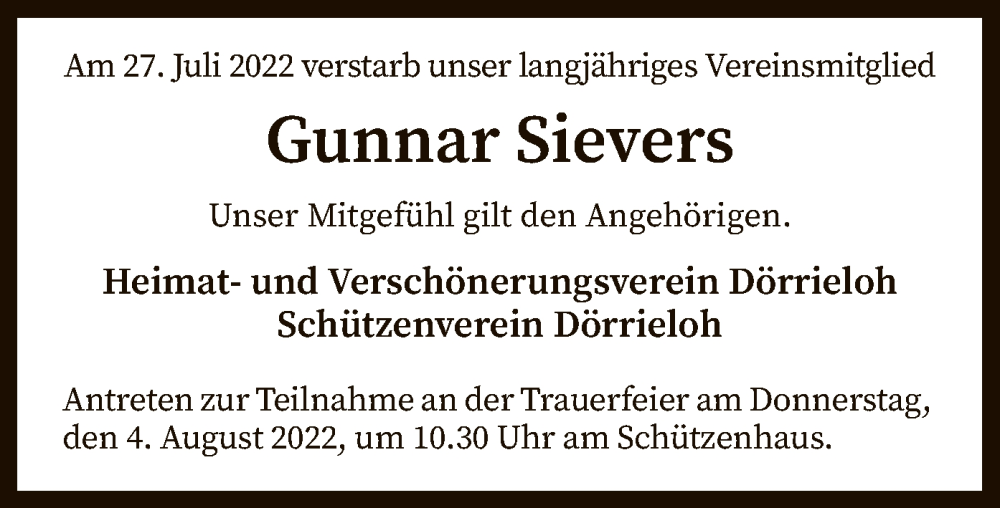  Traueranzeige für Gunnar Sievers vom 03.08.2022 aus SYK