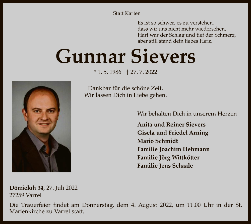  Traueranzeige für Gunnar Sievers vom 02.08.2022 aus SYK