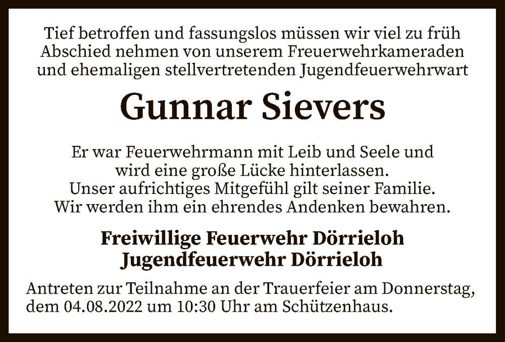  Traueranzeige für Gunnar Sievers vom 02.08.2022 aus SYK