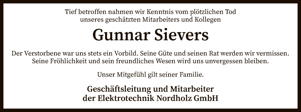  Traueranzeige für Gunnar Sievers vom 03.08.2022 aus SYK