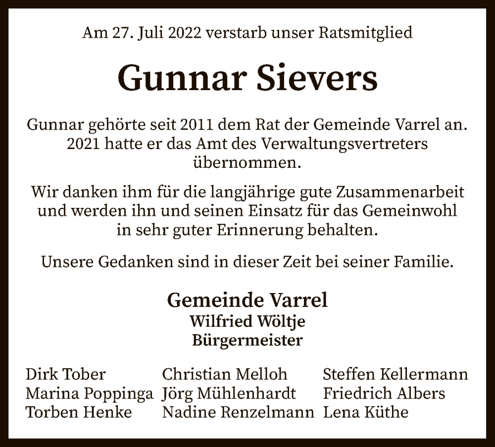  Traueranzeige für Gunnar Sievers vom 03.08.2022 aus SYK