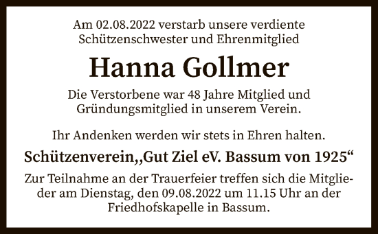 Traueranzeige von Hanna Gollmer von SYK