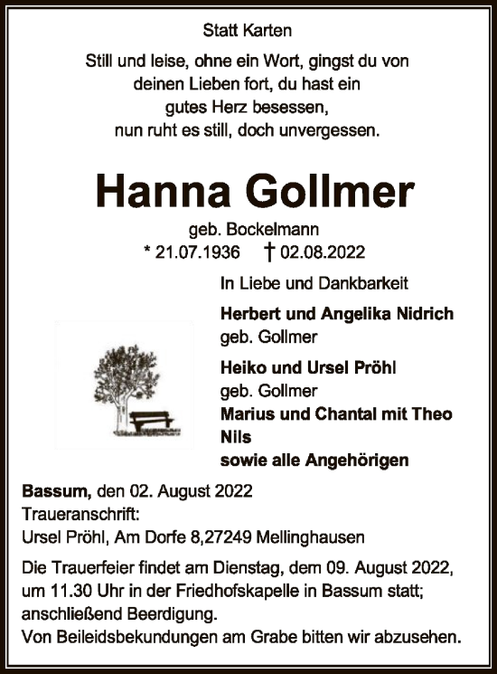 Traueranzeige von Hanna Gollmer von SYK