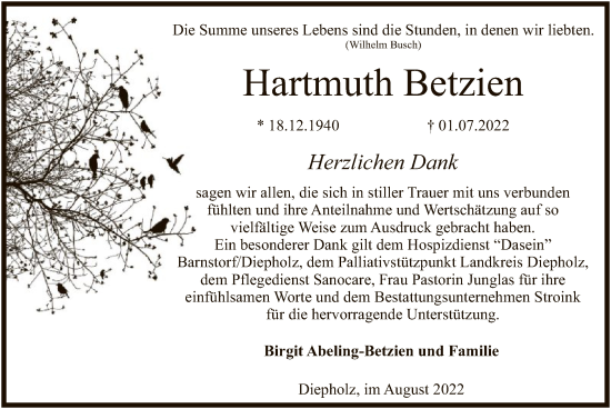 Traueranzeige von Hartmuth Betzien von SYK