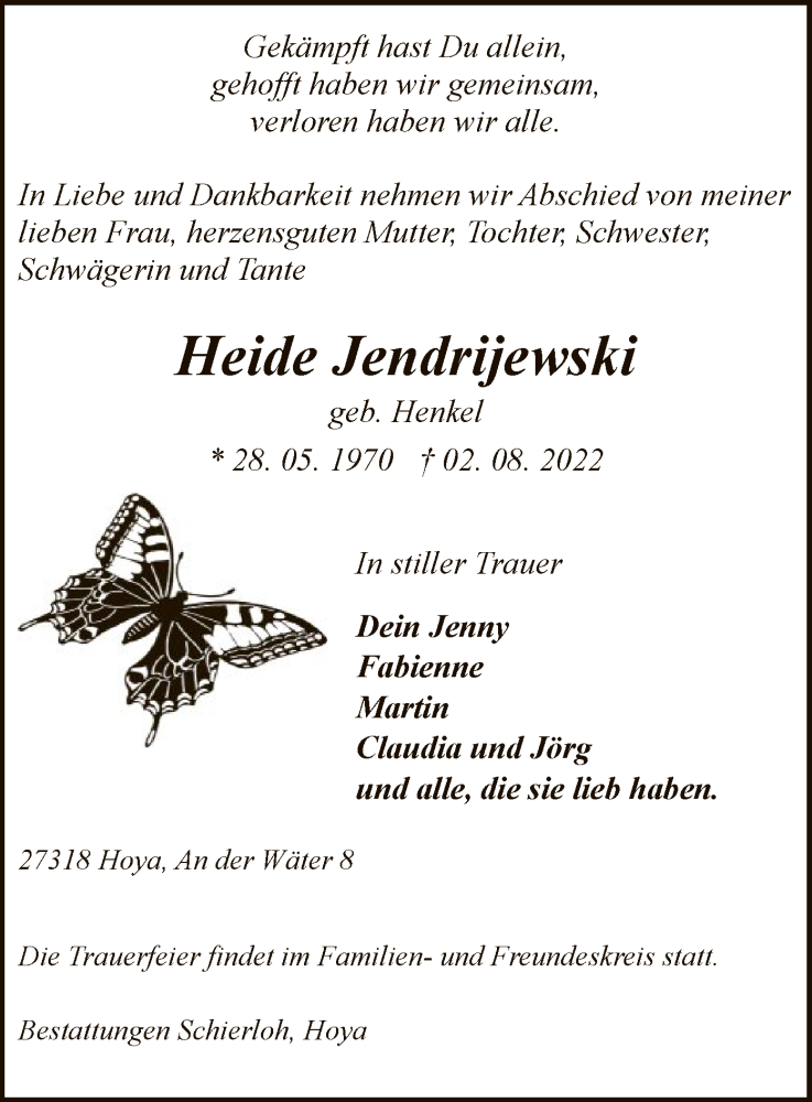  Traueranzeige für Heide Jendrijewski vom 06.08.2022 aus SYK