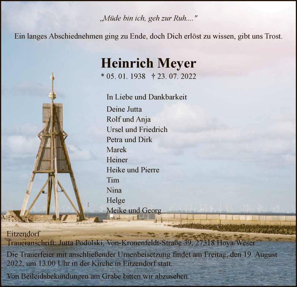  Traueranzeige für Heinrich Meyer vom 13.08.2022 aus SYK
